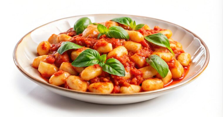 Gnocchi caseros vegetarianos con salsa de tomate y verduras